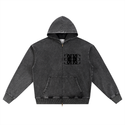 Beau Chaos Unisex "Money Mizzle & BC Mirror" Logo Snow Wash Oversized Zip-Up Hoodie