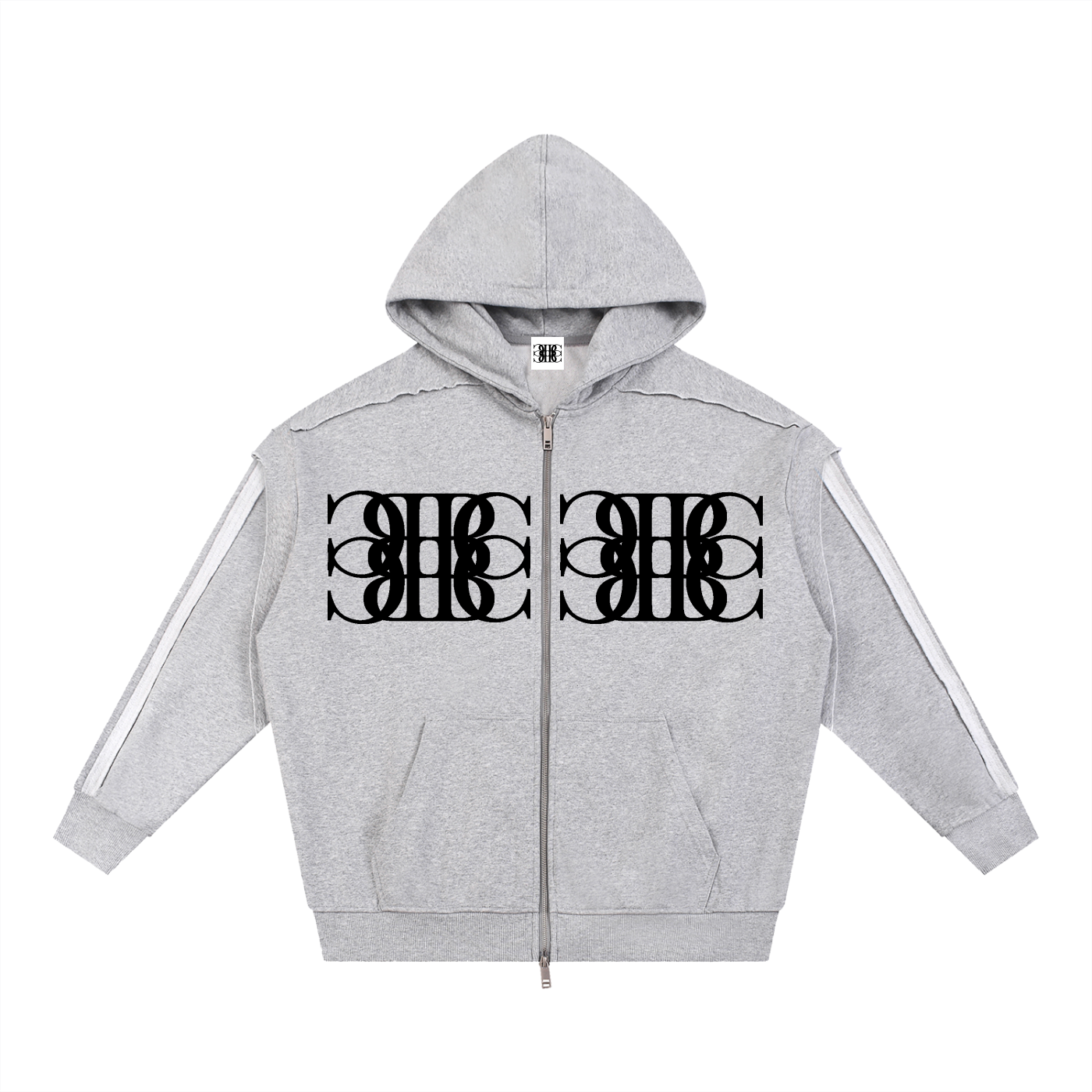 Beau Chaos Unisex "BC Mirror & Face Phase 2" Logo Contrast Tape Raw Edge Double Layered Zip Hoodie