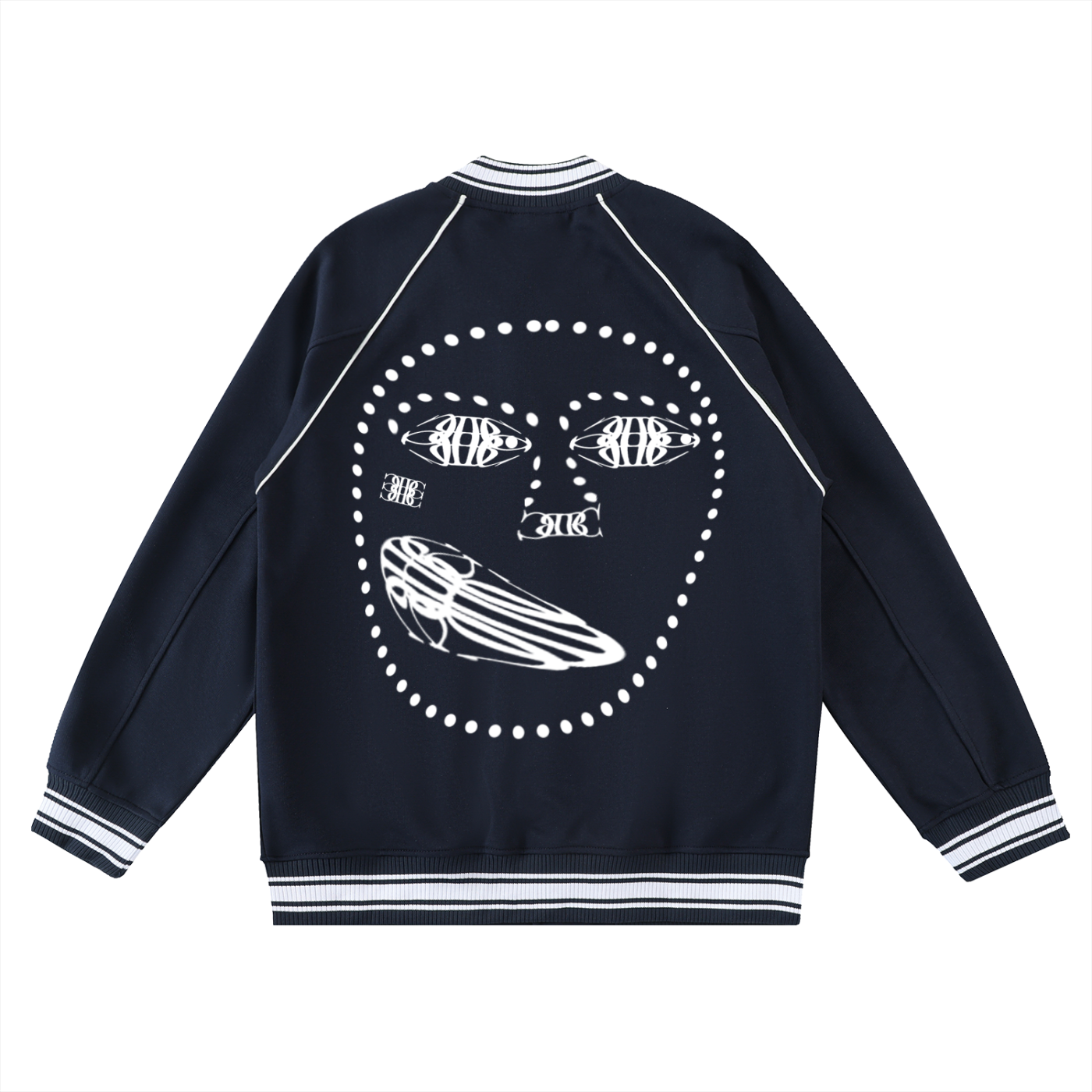 Beau Chaos Unisex "BC Mirror & Face Phase 1" Logo Contrast Trim Raglan Varsity Jacket