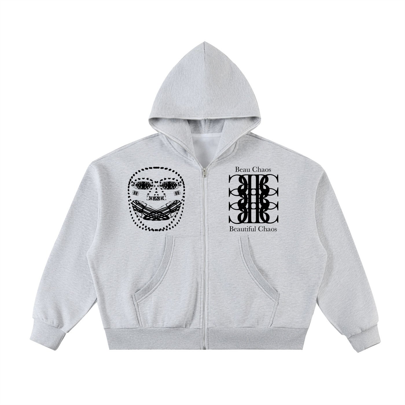 Beau Chaos Men's "BC Stack, Face Phase 2 & 3" Logo Full-Zip Boxy Hoodie