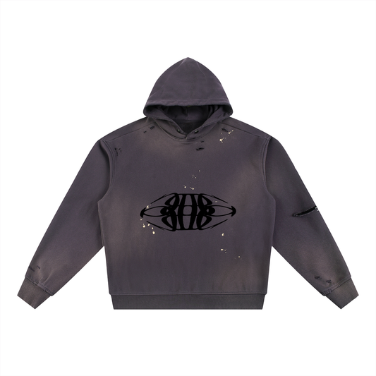 Beau Chaos Unisex "Wide Stretch & Name" Logo Sun Fade Frayed Fleece Hoodie