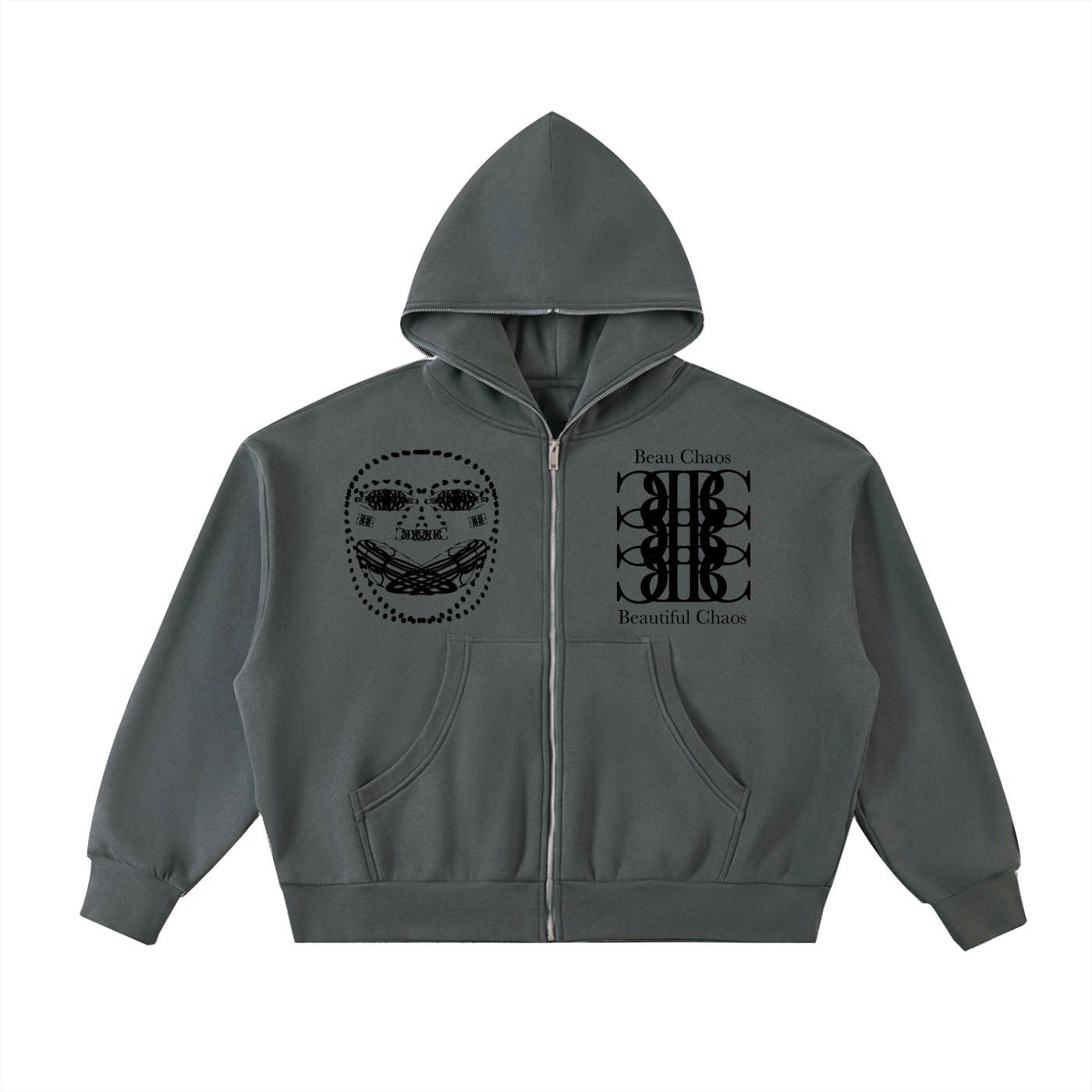 Beau Chaos Men's "BC Stack, Face Phase 2 & 3" Logo Full-Zip Boxy Hoodie