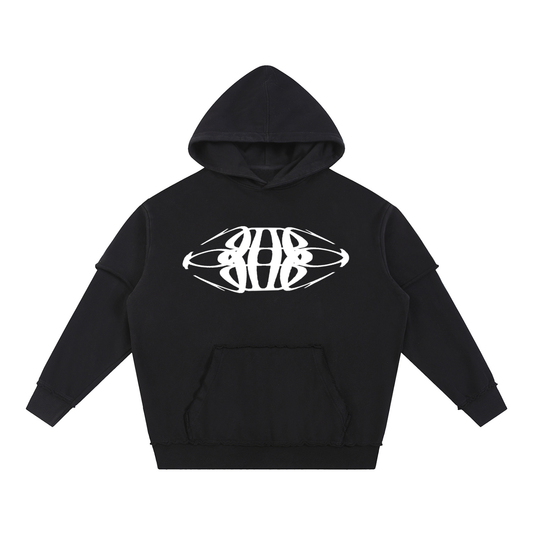 Beau Chaos Unisex "Tall & Wide Stretch" Logo Snow Washed Raw Edge Double Layered Hoodie