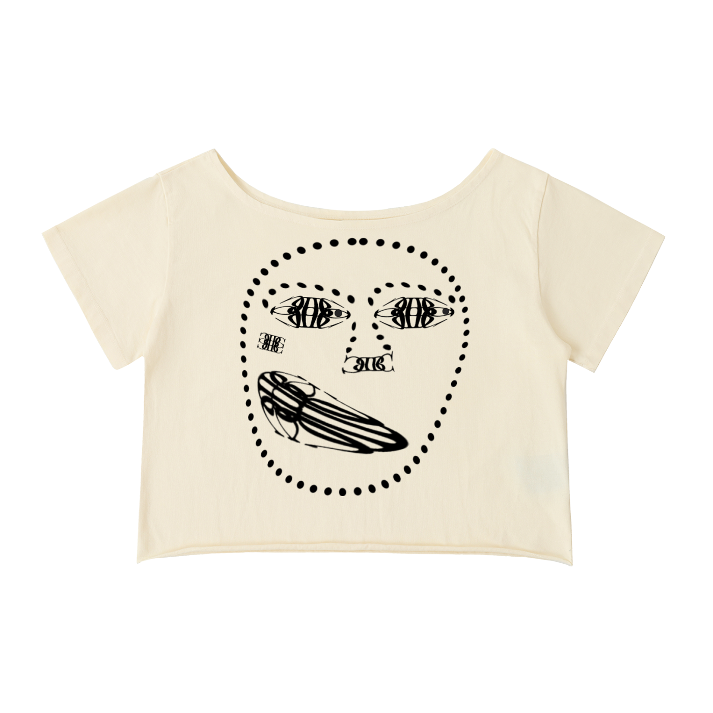 Beau Chaos Women's "Face Phase 1 & BC Mirror" Logo Off-Shoulder Rolled Hem Cotton T-Shirt