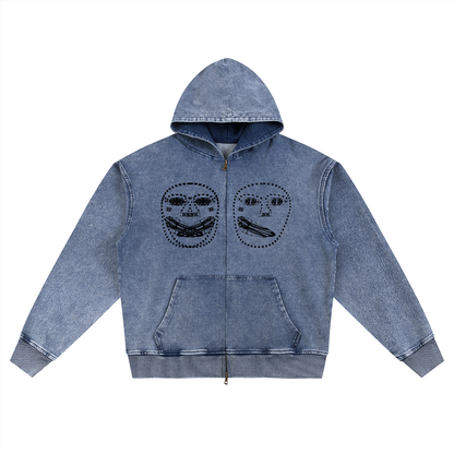 Beau Chaos Unisex "Face Phase 1, 2, & 3" Logo Snow Wash Oversized Zip-Up Hoodie