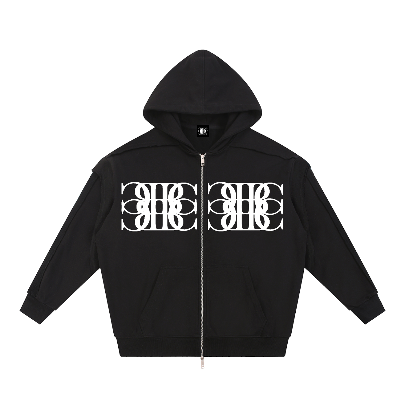 Beau Chaos Unisex "BC Mirror & Face Phase 2" Logo Contrast Tape Raw Edge Double Layered Zip Hoodie