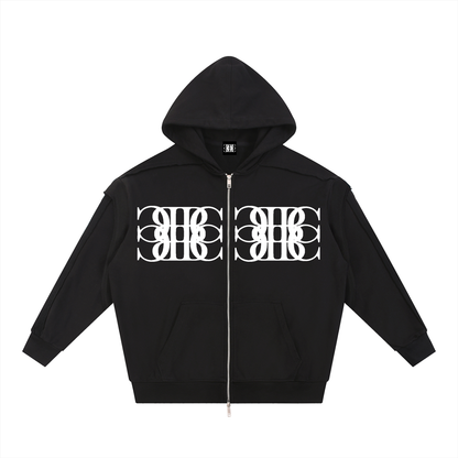 Beau Chaos Unisex "BC Mirror & Face Phase 2" Logo Contrast Tape Raw Edge Double Layered Zip Hoodie