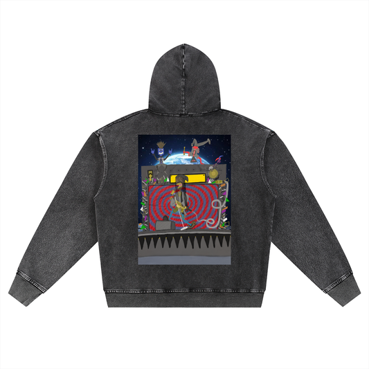 Beau Chaos Unisex "MoonRock & BC Mirror" Logo Snow Wash Oversized Zip-Up Hoodie