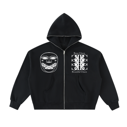 Beau Chaos Men's "BC Stack, Face Phase 2 & 3" Logo Full-Zip Boxy Hoodie