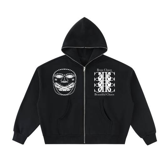 Beau Chaos Men's "BC Stack, Face Phase 2 & 3" Logo Full-Zip Boxy Hoodie