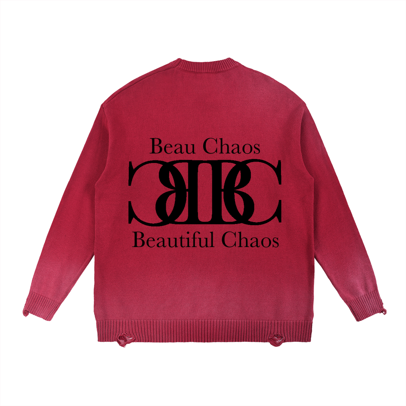 Beau Chaos Unisex "Wide Stretch & Name" Logo Sun Fade Distressed Ripped Crewneck Sweater