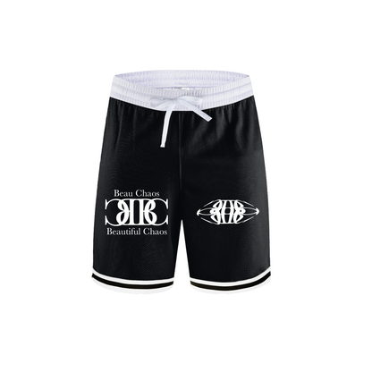 Beau Chaos Men's "Name, BC Stack, Tall & Wide Stretch" Logo Classic Stripe Trim Basketball Shorts