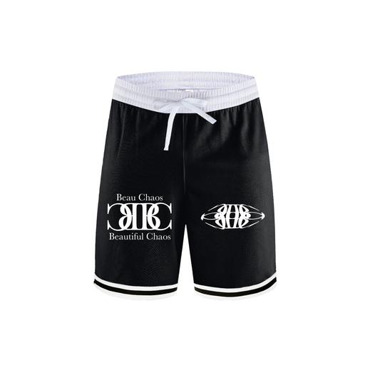 Beau Chaos Men's "Name, BC Stack, Tall & Wide Stretch" Logo Classic Stripe Trim Basketball Shorts