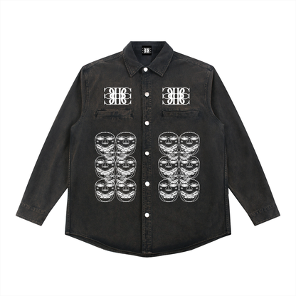 Beau Chaos Unisex "BC Mirror & Face Phase 3" Logo Denim Vintage Washed Heavyweight Jacket