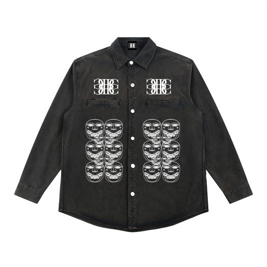 Beau Chaos Unisex "BC Mirror & Face Phase 3" Logo Denim Vintage Washed Heavyweight Jacket