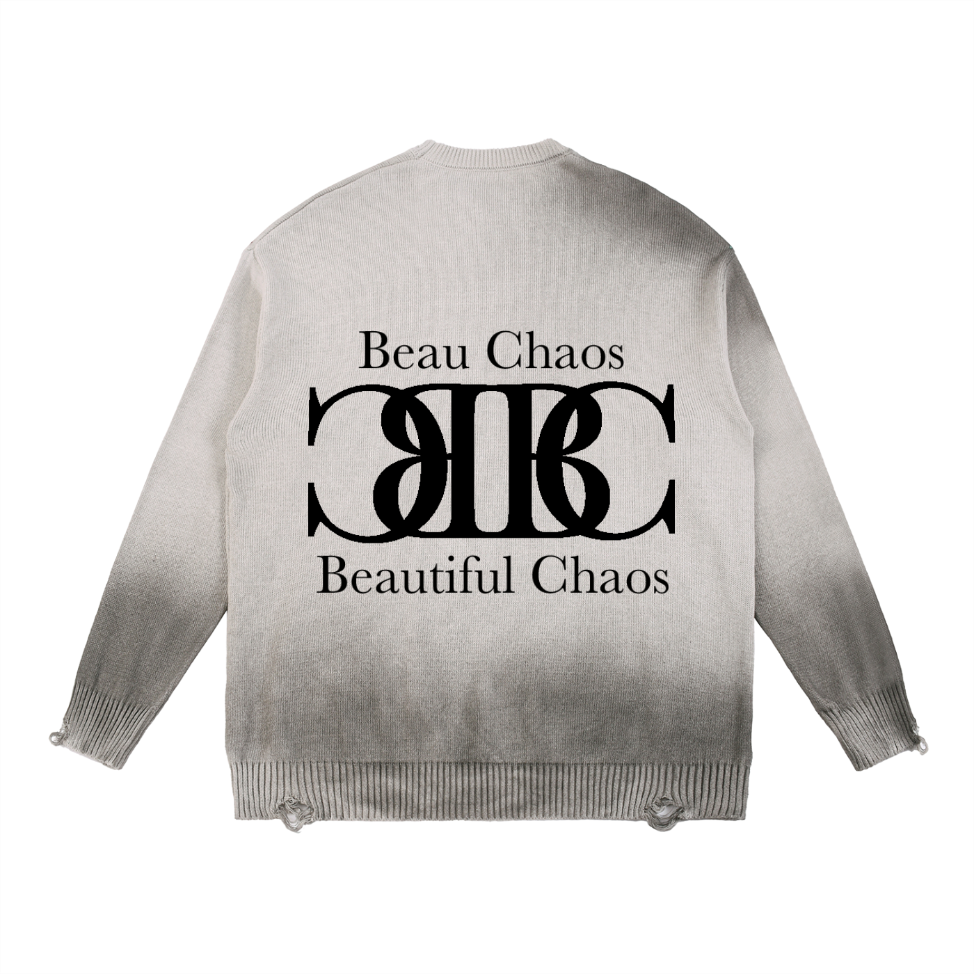 Beau Chaos Unisex "Wide Stretch & Name" Logo Sun Fade Distressed Ripped Crewneck Sweater