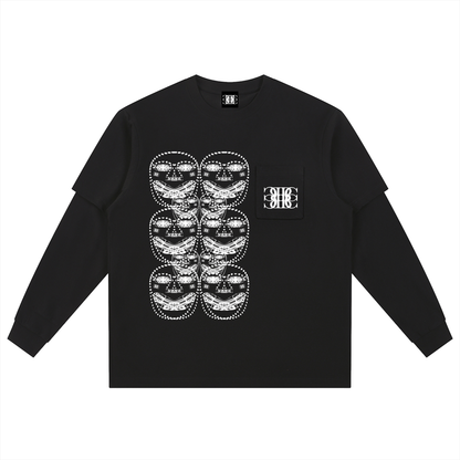 Beau Chaos Unisex "BC Mirror, Face Phase 2 & 3" Logo Layered Long Sleeve Oversized Tee