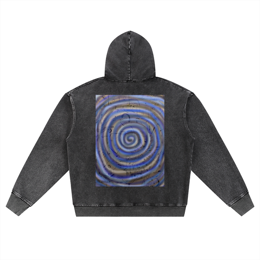 Beau Chaos Unisex “Face Collage & BC Mirror” Logo Snow Wash Oversized Zip-Up Hoodie