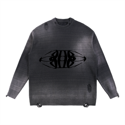 Beau Chaos Unisex "Wide Stretch & Name" Logo Sun Fade Distressed Ripped Crewneck Sweater