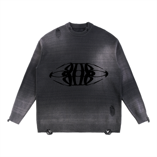 Beau Chaos Unisex "Wide Stretch & Name" Logo Sun Fade Distressed Ripped Crewneck Sweater