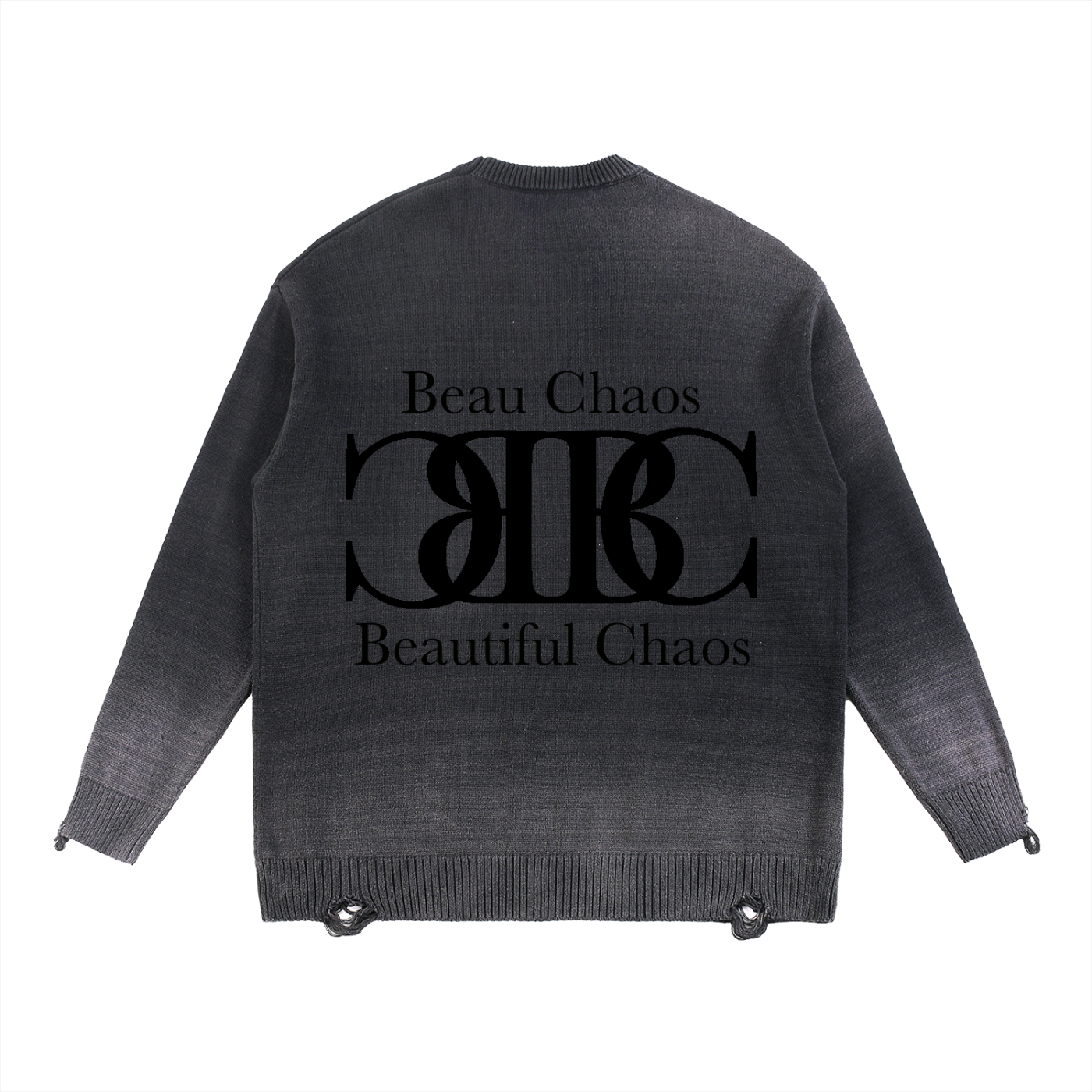Beau Chaos Unisex "Wide Stretch & Name" Logo Sun Fade Distressed Ripped Crewneck Sweater