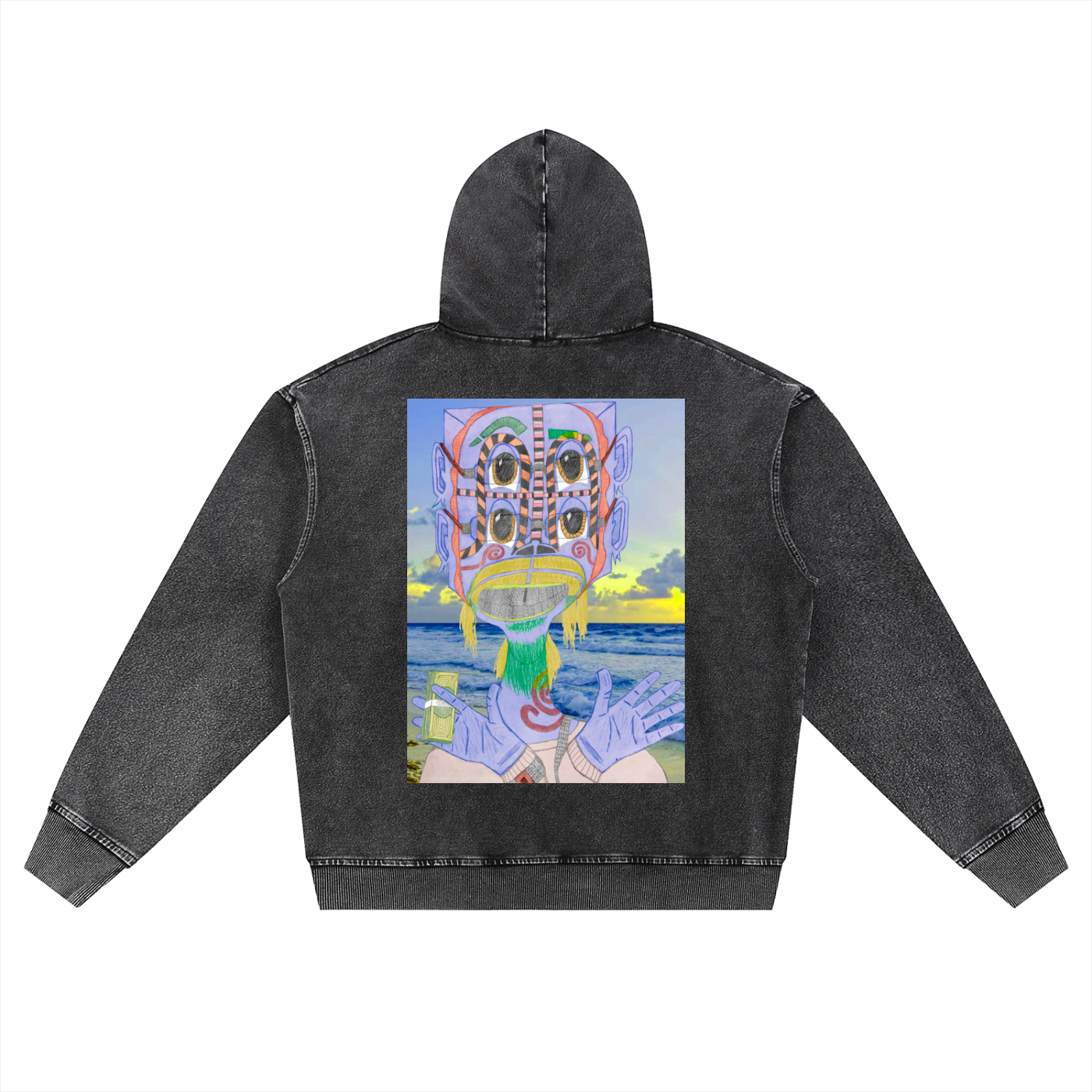 Beau Chaos Unisex "Money Mizzle & BC Mirror" Logo Snow Wash Oversized Zip-Up Hoodie