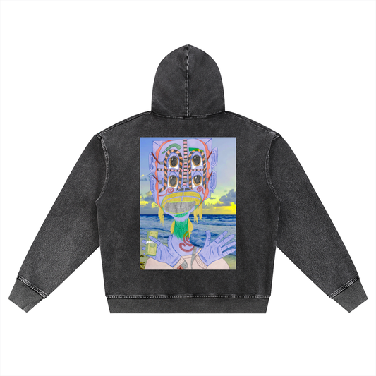 Beau Chaos Unisex "Money Mizzle & BC Mirror" Logo Snow Wash Oversized Zip-Up Hoodie