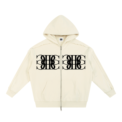 Beau Chaos Unisex "BC Mirror & Face Phase 2" Logo Contrast Tape Raw Edge Double Layered Zip Hoodie