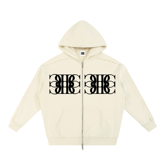 Beau Chaos Unisex "BC Mirror & Face Phase 2" Logo Contrast Tape Raw Edge Double Layered Zip Hoodie