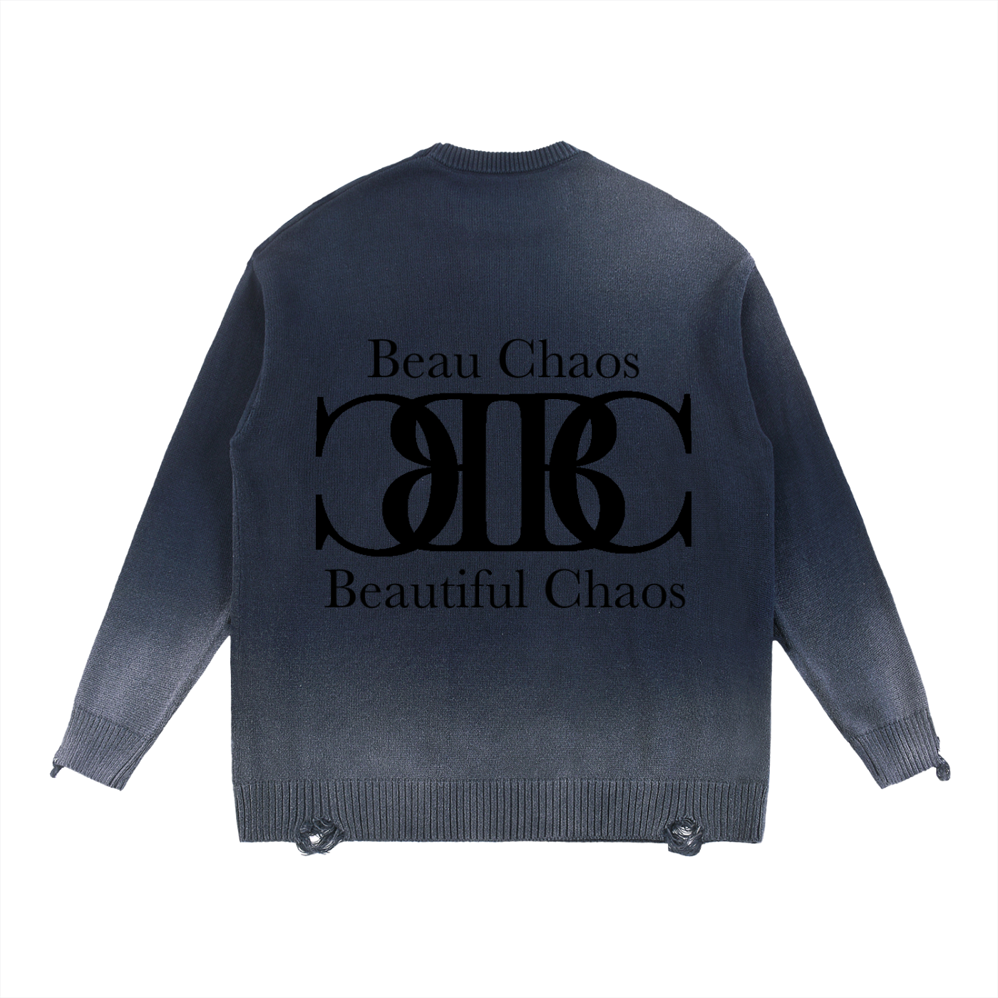 Beau Chaos Unisex "Wide Stretch & Name" Logo Sun Fade Distressed Ripped Crewneck Sweater