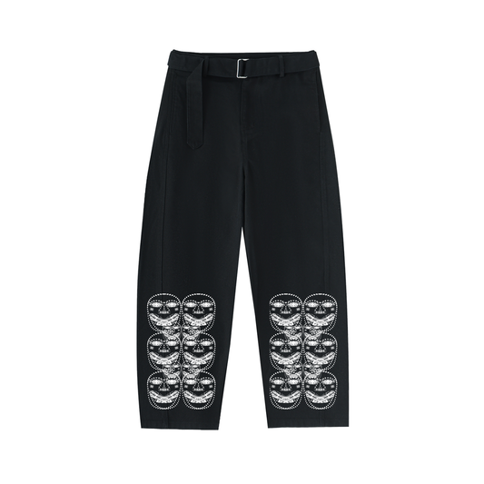 Beau Chaos Women's "Face Phase 3" Logo Belted Barrel-leg Chino Pants