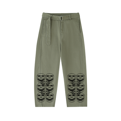 Beau Chaos Women's "Face Phase 3" Logo Belted Barrel-leg Chino Pants