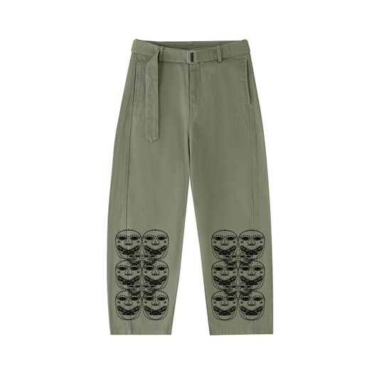 Beau Chaos Women's "Face Phase 3" Logo Belted Barrel-leg Chino Pants