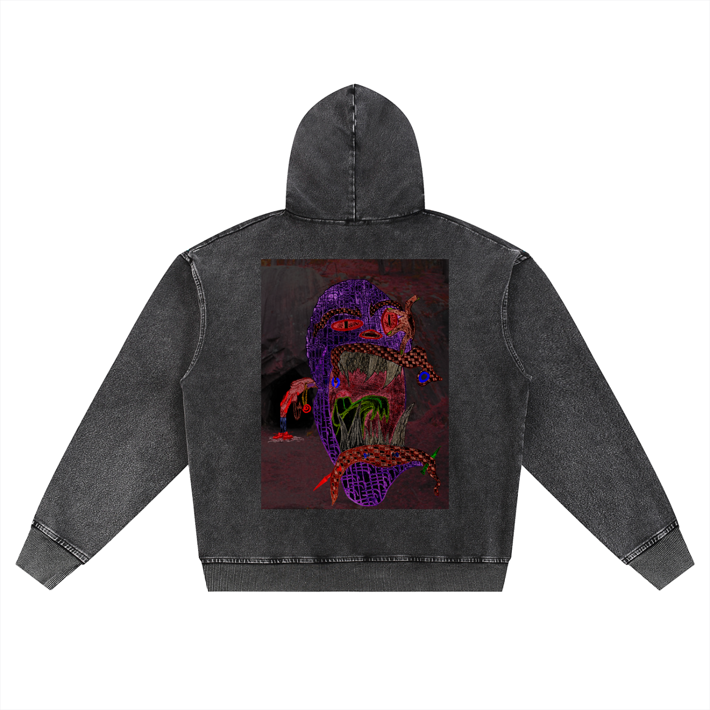 Beau Chaos Unisex "The Cave Man & BC Mirror" Logo Snow Wash Oversized Zip-Up Hoodie