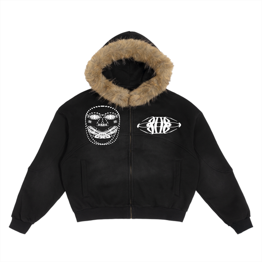 Beau Chaos Unisex "Wide Stretch, Face Phase 2 & 3" Logo Sun Fade Boxy Detachable Fur Hoodie