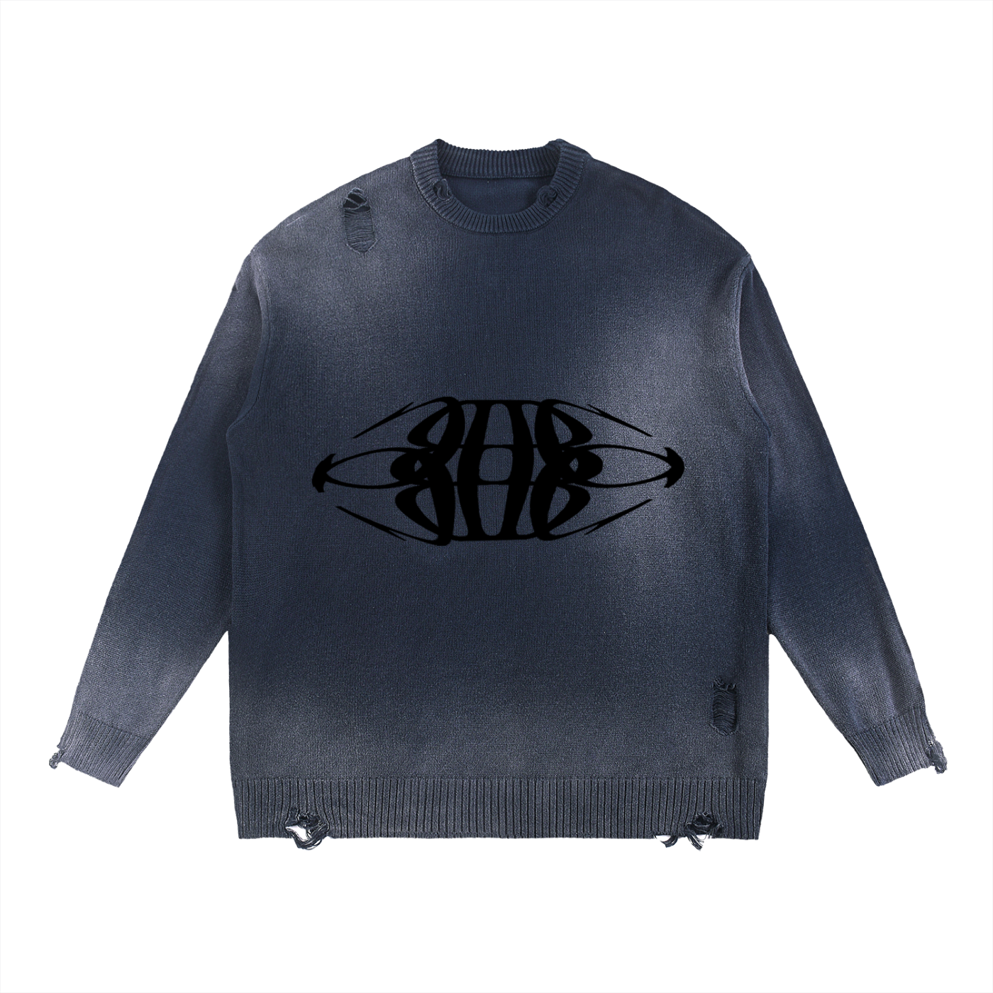 Beau Chaos Unisex "Wide Stretch & Name" Logo Sun Fade Distressed Ripped Crewneck Sweater